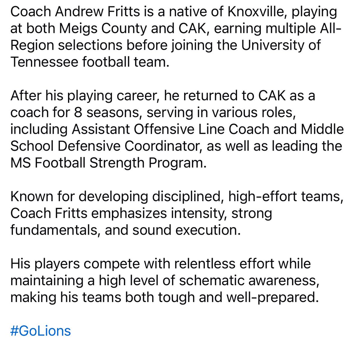 Lions Football has named Andrew Fritts as Offensive Line Coach 🏈🦁