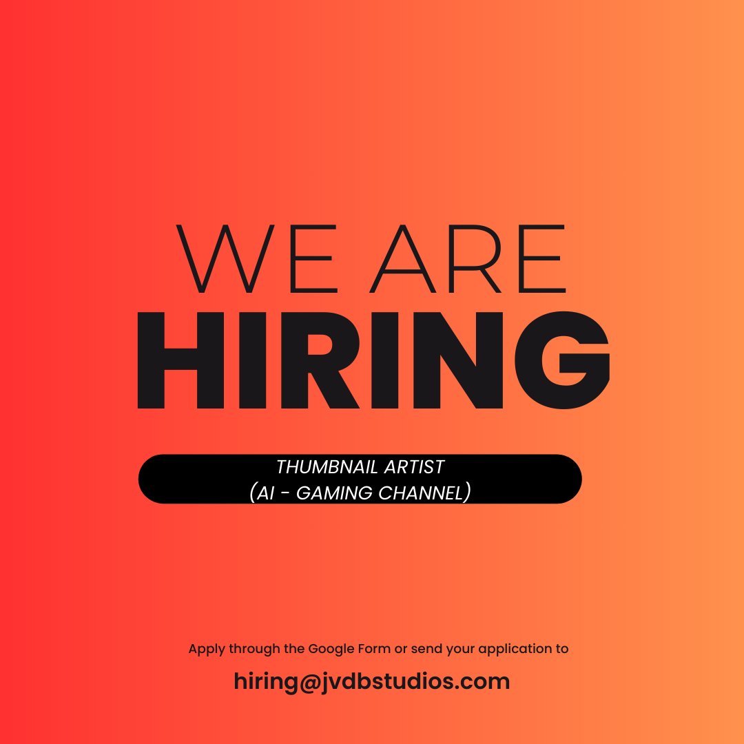 JVDBHiring's tweet photo. π¨HIRING NOW!π¨
Position: Thumbnail Artist
Channel: Bloo https://t.co/7zOCikIaWP
Location: Remote
Type: Freelance
Workload: 25-30 thumbnails/month
Pay: $25-$50 / thumbnail
Apply here π https://t.co/fASJ5T7lll
#aithumbnails #thumbnailartist #gtavthumbnails #AI https://t.co/xfvD1ZxlUr