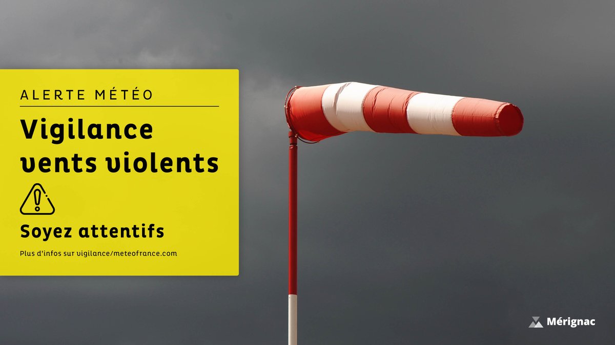 Ville de Mérignac (@merignac) on Twitter photo ⚠️ #AlerteMétéo 🌬️
⚠️ Ce 20 avril la Gironde sera placée en vigilance 🟡 vents violents
❌ Parcs fermés ce dimanche 20 avril
🌳 Réouverture à la fin de l'épisode venteux et au fur et à mesure des vérifications de sécurité
Plus d’infos 👇 
vigilance.meteofrance.fr/fr/gironde ⚠️ #AlerteMétéo 🌬️
⚠️ Ce 20 avril la Gironde sera placée en vigilance 🟡 vents violents
❌ Parcs fermés ce dimanche 20 avril
🌳 Réouverture à la fin de l'épisode venteux et au fur et à mesure des vérifications de sécurité
Plus d’infos 👇 
vigilance.meteofrance.fr/fr/gironde
