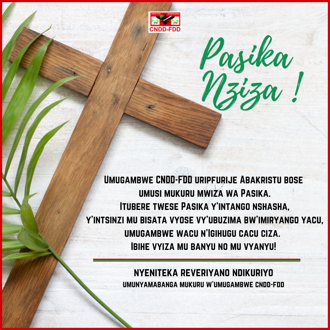 Umusi mukuru mwiza wa Pasika ku Bakristu bose. Kuri twese, itubere Pasika y’intango nshasha, y’intsinzi mu bisata vyose vy’ubuzima. 

Ibihe vyiza mu vyanyu no mu banyu!