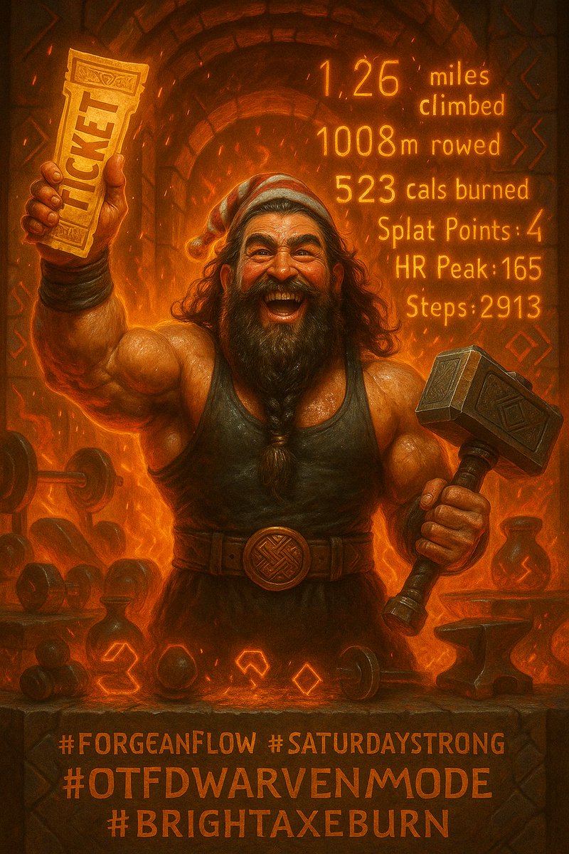 CorinthMetaX's tweet photo. ☯ 400m row to spark the forge, then 3 rounds of weighted sumo squats, lunges + curls, uppercuts &amp; chop-to-lunge mayhem. Finished w/ hammer ➡️ curl ➡️ Arnold press! 523 cals, 2913 steps, 1.26 mi. Iron met fire today. #OTF #BrightAxeBurn #SaturdayStrong ☯ https://t.co/SbciR3ZSl0
