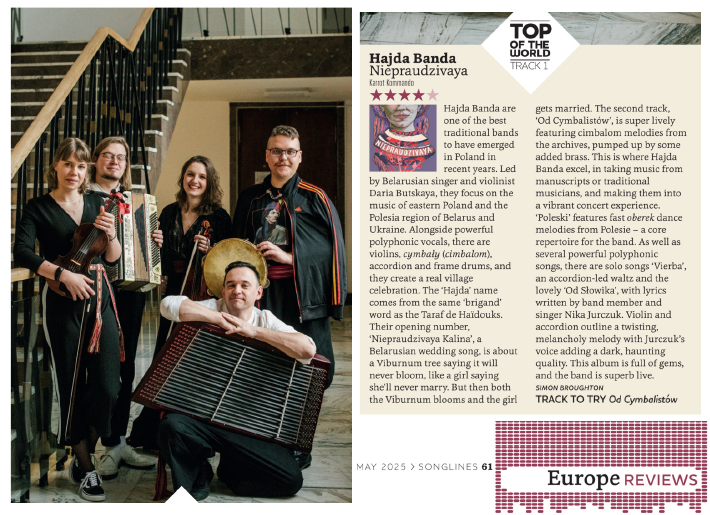 Hajda_Banda's tweet photo. Głodni sukcesów Polaków poza granicami Rzeczpospolitej? Spieszymy z pomocą: w najnowszym @SonglinesMag nasz album "Niepraudzivaya" jednym z 10 najlepszych albumów numeru! TOP OF THE WORLD. Serdecznie dziękujemy za to wyróżnienie! Polska, Podlasie, Białoruś - górą! https://t.co/5T6er1BHn2