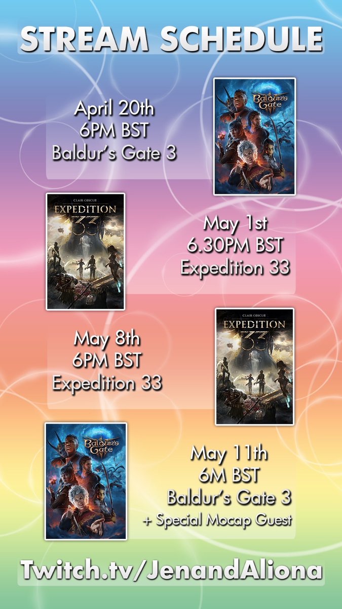 Stream schedule for the upcoming weeks including our first EXPEDITION 33 STREAMS!! 🤍

AND a special “All about Mocap” stream while we play bg3 on the 11th of May with lead mocap technician Vritika Amarnani 💕

Thank you Kellybot for the graphic 🤖