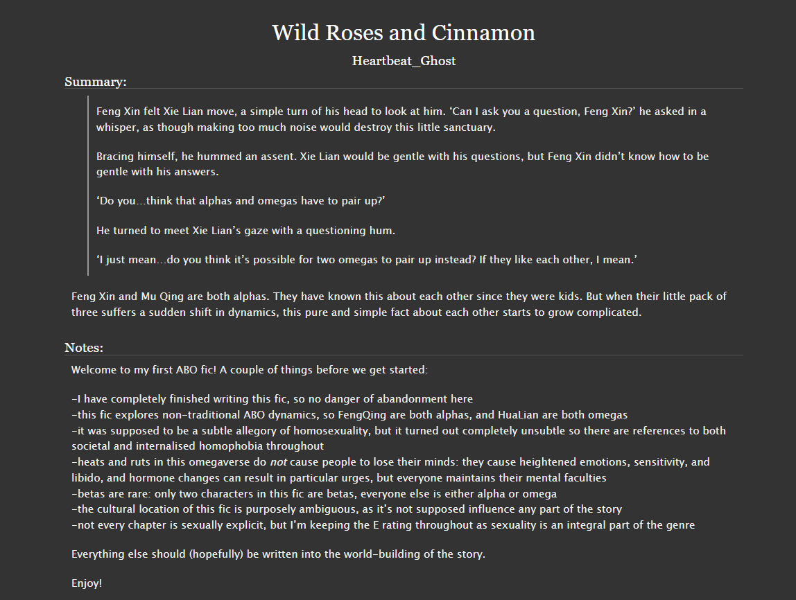 heartbeat_ghost's tweet photo. Wild Roses and Cinnamon | COMPLETE
☘️6 Chapters
☘️84k words
☘️Feng Xin/Mu Qing
☘️Modern AU | Omegaverse AU
☘️Non-traditional ABO dynamics 
☘️Rated E for chapter 3, 4, and 6
Link below! https://t.co/pWxMQooaCN