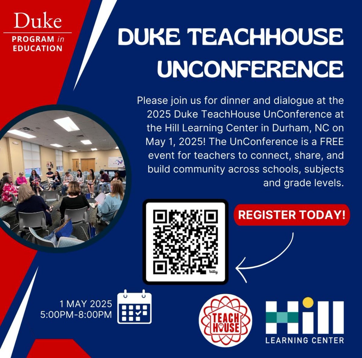 We are excited to partner with Duke TeachHouse for the UnConference on May 1st! Join us for an evening of engaging discussions, dinner, and great giveaways—including a free book for your professional library. bit.ly/UnConferenceMa… #HillLearningCenter #FreeEducatorEvent