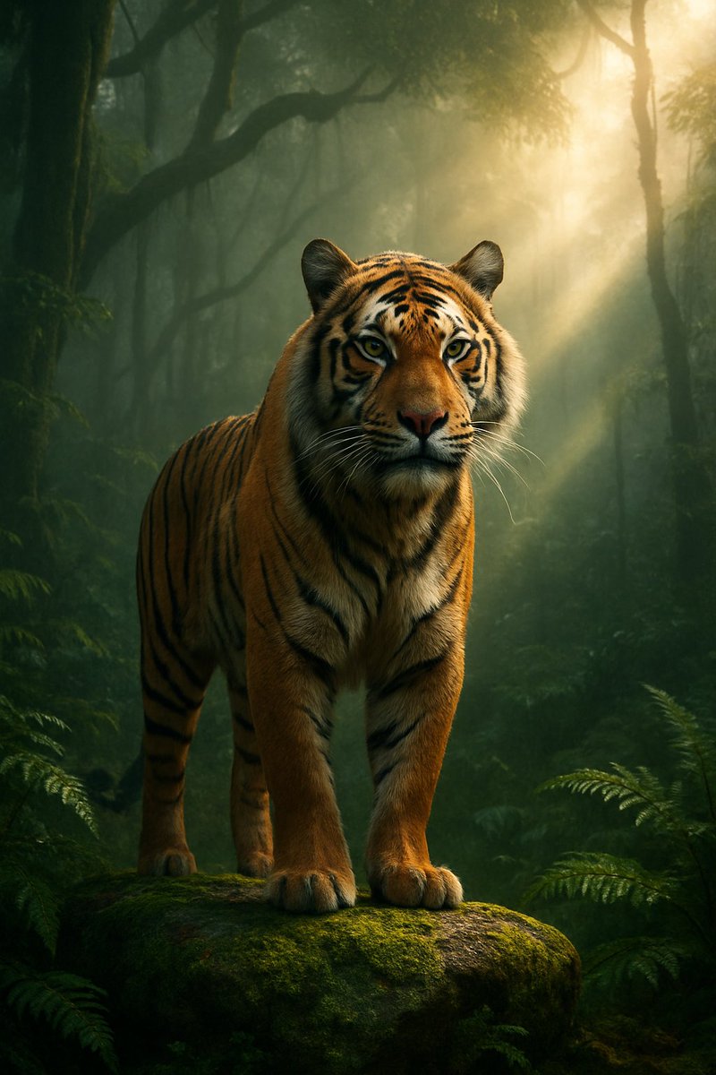 A majestic Bengal tiger standing on a moss-covered rock in the middle of a misty jungle at dawn. #AIArtistCommunity #CatsLover