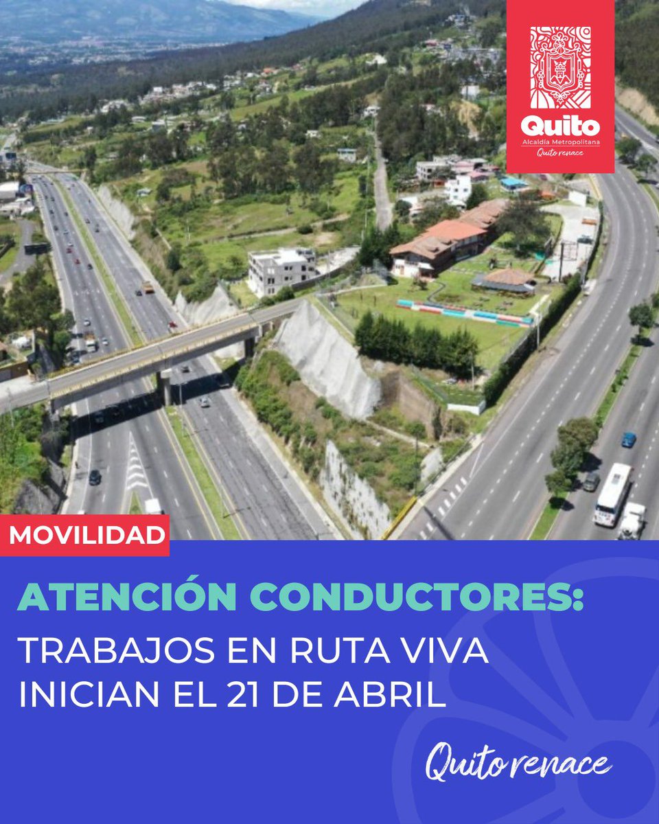 🚧 #QuitoConObras | Después de más de 10 años de uso continuo, la Ruta Viva, vía para conectar Quito con los valles y el aeropuerto, entrará en mantenimiento para renovar su calzada y garantizar una movilidad más segura y fluida para más de 70 mil personas que la usan a diario.