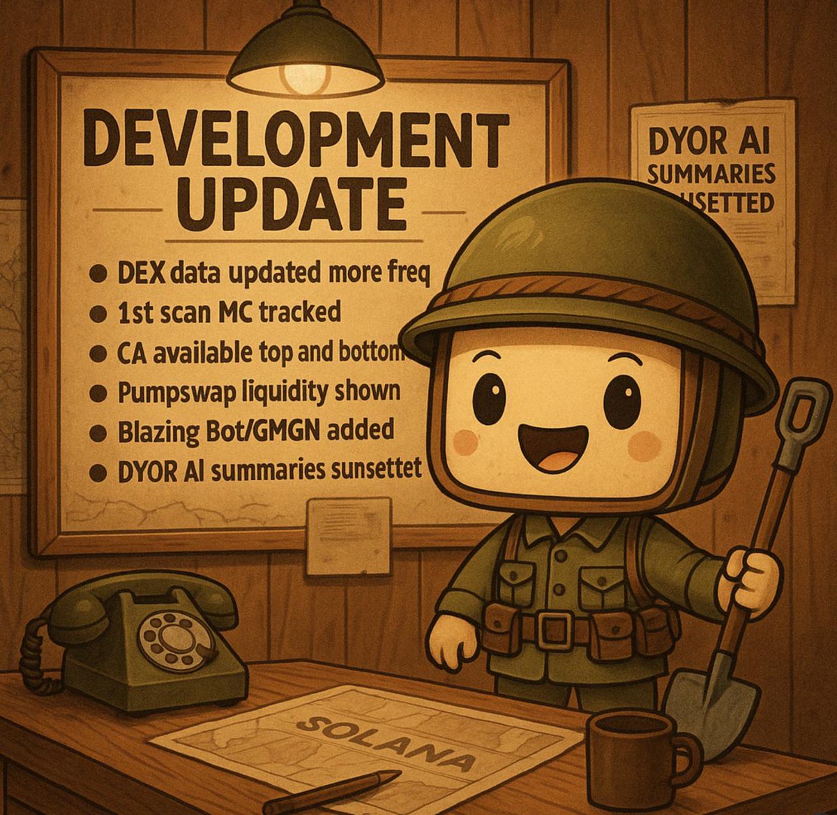 🛠️ TrenchyBot Dev Update

• Faster DEX data
• First scan MC tracked
• Burn transfers labeled right
• CA top &amp; bottom of reports
• Pumpswap LP identified
• Deployer bond rate logic upgrade
• Bot links cleaned up

#Solana #PumpFun #TelegramBot