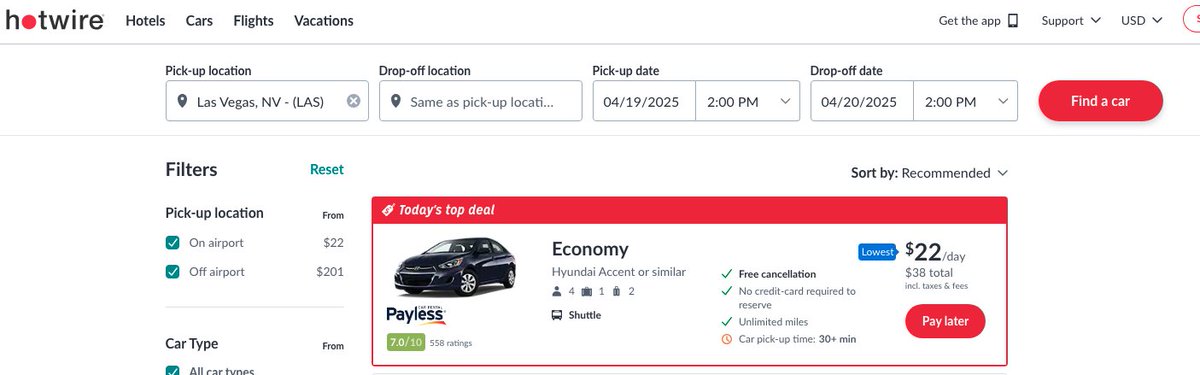 writerjohnreger's tweet photo. @JTTheBrick This is what you do: rent a car from Hotwire, park off-site close to your hotel so you don't have to pay for parking at the hotel. Then put 10 bucks in gas and drop off at airport. Below is today's rate. Your own insurance should cover rental cars so no worries there. https://t.co/69vCk50iDb