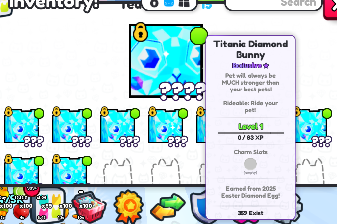 Hatching for one hour, spent around 2.6b diamond, got myself a Titanic Diamond Bunny  and 9 huges. 
#petsimulator99 #petsim99 #titanicdiamondbunny