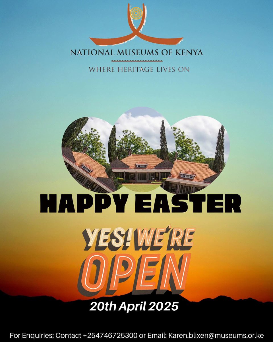 Karen Blixen Museum (@karenblixen5) on Twitter photo Celebrate Easter with us! The Karen Blixen Museum will be open. Come explore history, culture, and heritage this holiday. For enquiries, call +254746725300 or email Karen.blixen@museums.or.ke.
#easter2025 #karenblixen #karenblixenmuseum #outofafrica Celebrate Easter with us! The Karen Blixen Museum will be open. Come explore history, culture, and heritage this holiday. For enquiries, call +254746725300 or email Karen.blixen@museums.or.ke.
#easter2025 #karenblixen #karenblixenmuseum #outofafrica