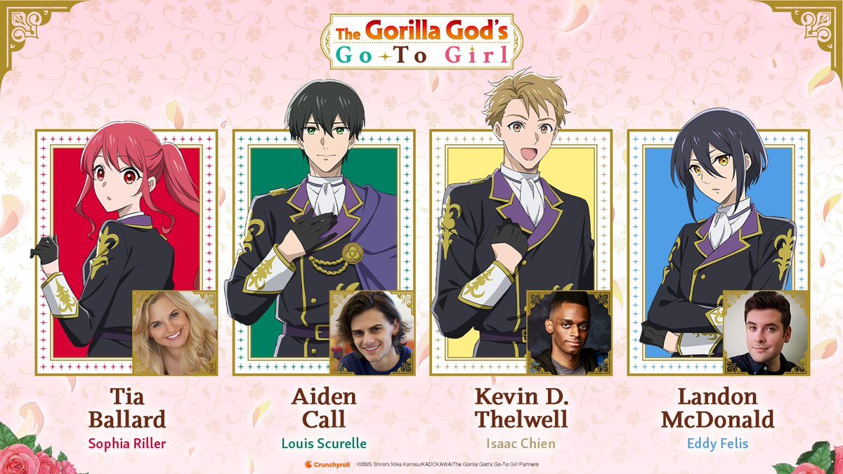 Crunchyroll (@crunchyroll) on Twitter photo The English dub for The Gorilla God's Go-To Girl also begins tomorrow! 💕
Sophia - <a href="/tbirdlizzy/">Tia Ballard 💙</a>
Louis - Aiden Call
Isaac - <a href="/KevinDThelwell/">Kevin D. Thelwell</a>
Eddy - <a href="/McMovieMan/">Landon McDonald ⚔️💜</a>
✨ CAST & CREW: got.cr/GorillaGodsDub The English dub for The Gorilla God's Go-To Girl also begins tomorrow! 💕
Sophia - <a href="/tbirdlizzy/">Tia Ballard 💙</a>
Louis - Aiden Call
Isaac - <a href="/KevinDThelwell/">Kevin D. Thelwell</a>
Eddy - <a href="/McMovieMan/">Landon McDonald ⚔️💜</a>
✨ CAST & CREW: got.cr/GorillaGodsDub