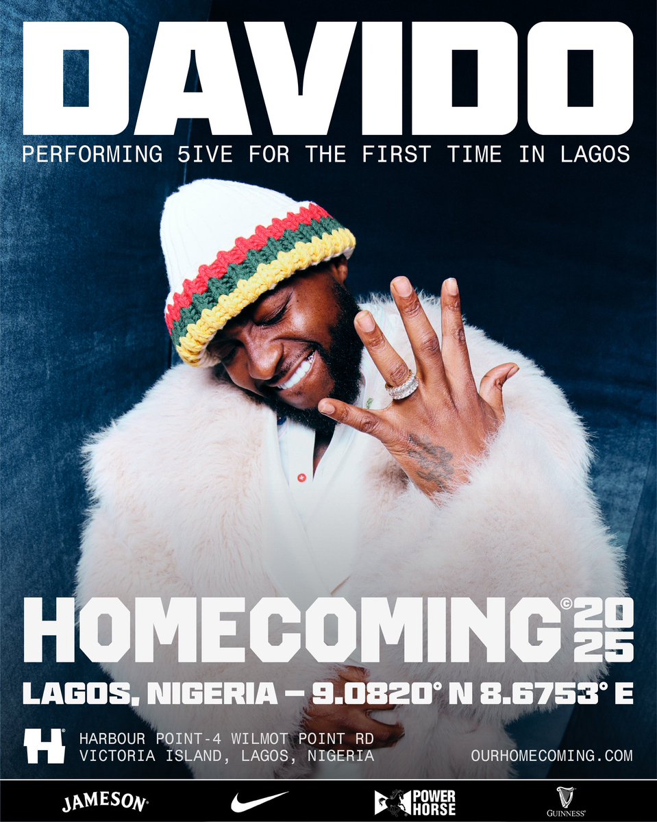 We've kept the secret long enough… 👀 The special guest for HOMECOMING™️ 2025 Live Show is <a href="/davido/">Davido</a> ! 🚨

Lagos, get ready! He’s shutting it down tomorrow at Harbour Point, Victoria Island, 7PM. 🎟️ Tickets in bio

Who’s ready? 

#HOMECOMING2025