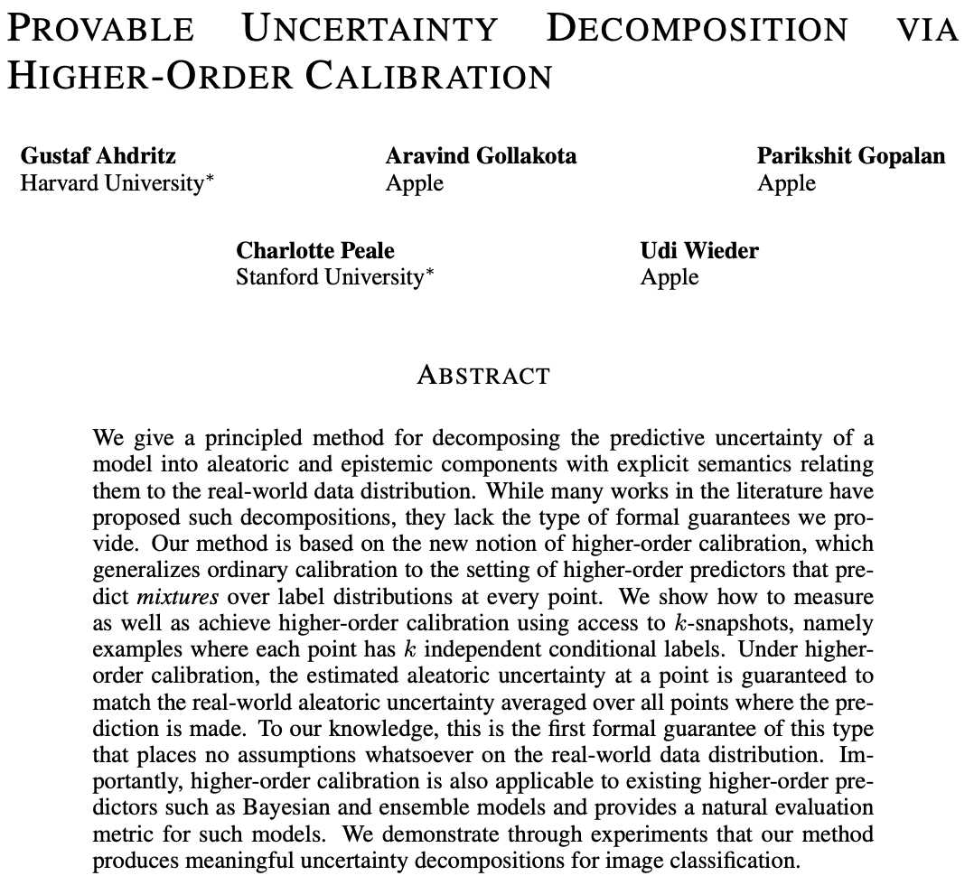 gahdritz's tweet photo. Why is your model uncertain? Is it just the model, or is the data ambigious?

In our ICLR 2025 spotlight w/ Aravind Gollakota, Parikshit Gopalan, Charlotte Peale, &amp; Udi Wieder @Apple, we introduce a method for uncertainty decomposition with provable guaranteees!

A thread (1/n): https://t.co/Nruw2iEMBm