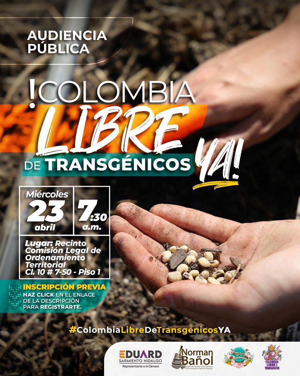 C_libredeOGM's tweet image. Les invitamos a participar de la audiencia pública sobre el proyecto legislativo que pretende modificar el Art 81 de la Constitución para la prohibición de semillas OGM en el país. 
Inscríbete aquí: forms.gle/jNHGYoKiYzQ914…
@petrogustavo 
@MCarvajalinoV