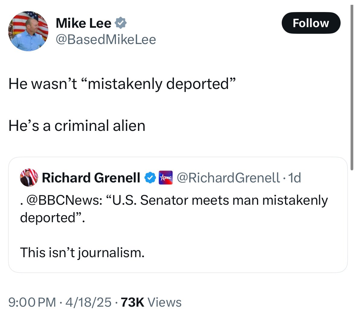 Amazing. All administrations claim that journalists are misrepresenting the facts when they quote outside sources. Trump's people are claiming the BBC is misrepresenting the facts when it's just repeating what Trump's own Solicitor General said.