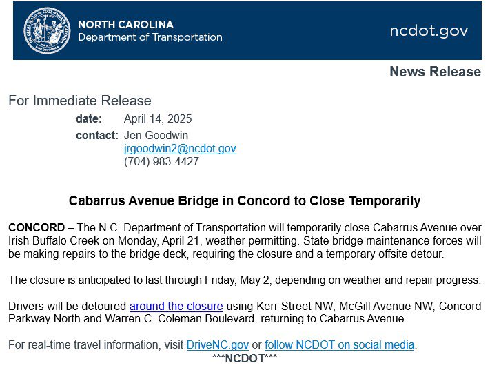 🚧 Beginning Mon., April 21, NCDOT will be closing Cabarrus Ave W near the MLK Plaza. NCDOT crews will be making repairs to the deck of the small bridge near the roundabout. The closure is expected to last through Friday, May 2. Learn more 👉 drivenc.gov/?type=incident…