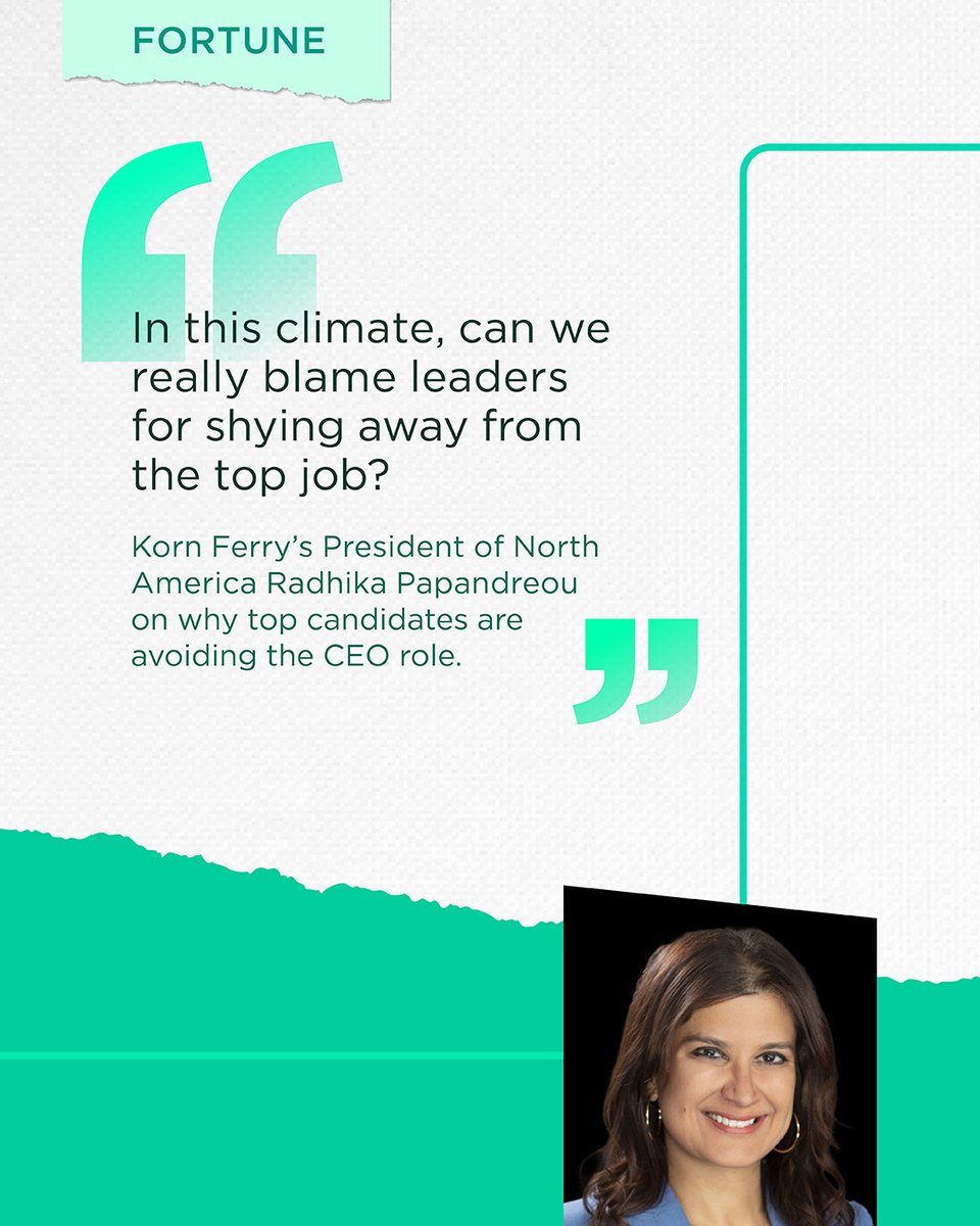 Even with sky-high salaries, top #candidates are turning away from CEO roles. Why? 

Radhika Papandreou joins <a href="/FortuneMagazine/">FORTUNE</a> to uncover the hidden challenges of CEOs and offers insights on how to make the CEO position desirable again. 

🔗 krnfy.bz/41Nhy7w