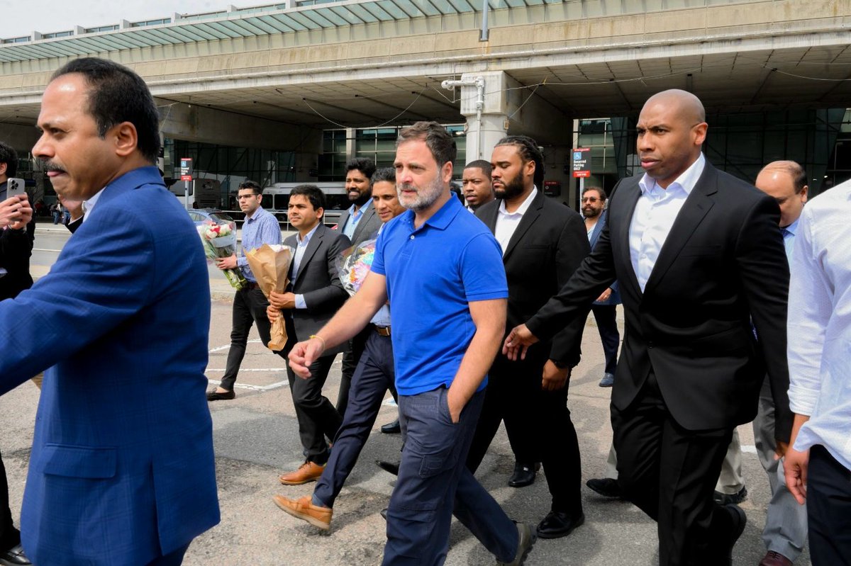 INCIndia's tweet photo. LoP Shri @RahulGandhi received a warm welcome at Boston Logan International Airport, Boston, USA. https://t.co/bn5b3RZHDI
