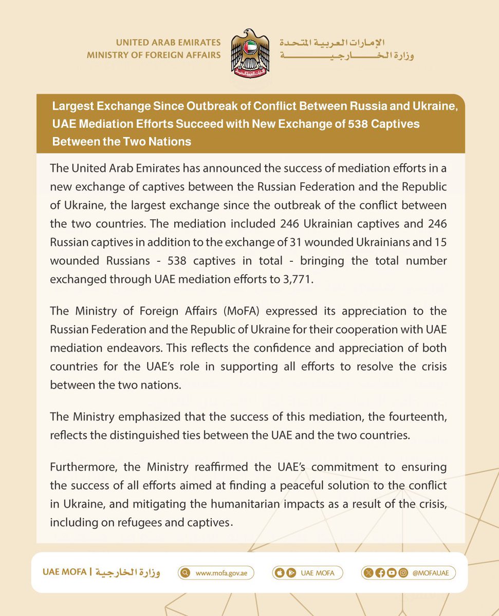 Essa_Younes's tweet photo. #ULTIMAHORA 🇦🇪🇺🇦🇷🇺

Ministerio de Asuntos Exteriores @mofauae de #EmiratosÁrabesUnidos:

La mediación de Emiratos Árabes Unidos logra la liberación de 532 prisioneros entre #Rusia y #Ucrania.
Emiratos ha contribuido a la liberación de 3.771 prisioneros desde el inicio de la guerra.