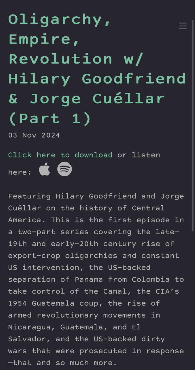 Daniel Denvir (@danieldenvir) on Twitter photo Our 3-part history of Central America w <a href="/infrapolitics/">Jorge Cuéllar</a> & <a href="/HilaryGoodfrien/">Hilary Goodfriend</a>. Ep 1 covers late-19th century rise of export-crop oligarchies & constant US intervention, through CIA’s 1954 Guatemala coup, rise of armed revolutionary movements, US dirty wars. thedigradio.com/podcast/oligar… 2/ Our 3-part history of Central America w <a href="/infrapolitics/">Jorge Cuéllar</a> & <a href="/HilaryGoodfrien/">Hilary Goodfriend</a>. Ep 1 covers late-19th century rise of export-crop oligarchies & constant US intervention, through CIA’s 1954 Guatemala coup, rise of armed revolutionary movements, US dirty wars. thedigradio.com/podcast/oligar… 2/