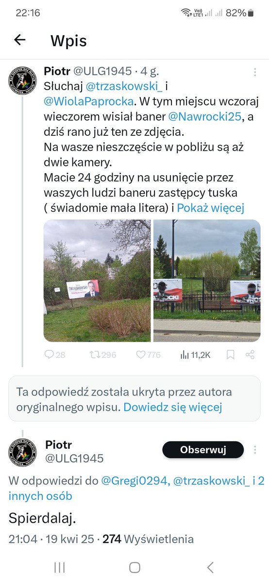 Kolejny piękny pisowski umysł xd Napisałem mu, że w moim mieście niszczą banery Trzaskowskiego I Hołowni. To zablokował, ukrył mój komentarz i kazał spierdalać 😂 <a href="/pisorgpl/">Prawo i Sprawiedliwość</a> zajebistych macie wyborców