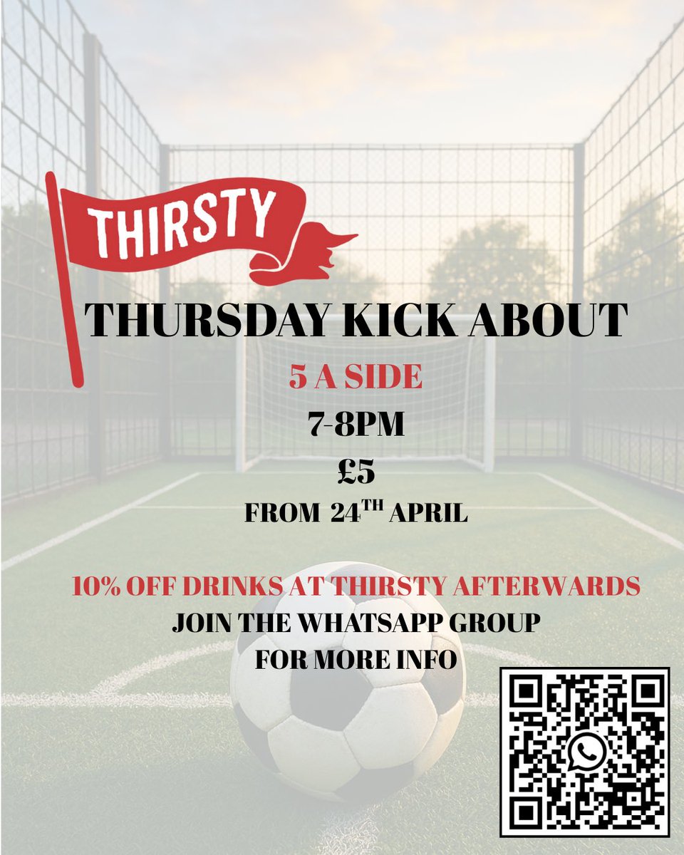 Casual kick about every Thursday. Join the WhatsApp group or get in touch with Ben for more info!