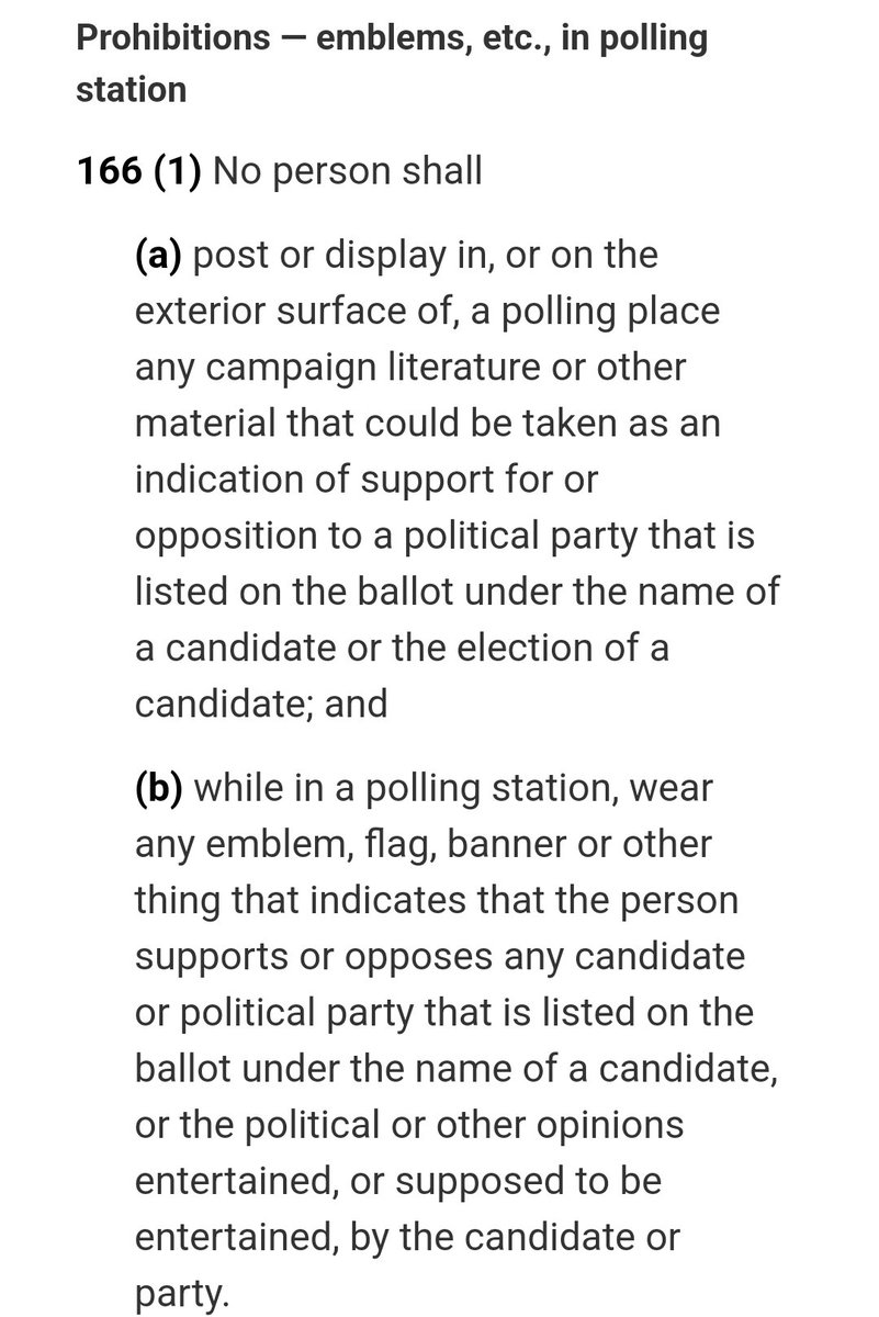 Hey #PierrePoilievre supporters, since a lot of you seem new to how elections actually work, here’s a little civic lesson: showing up to a polling station decked out in political merch (shirts, hats, buttons, flags, whatever) is illegal. Yes, illegal. As in you could be fined up