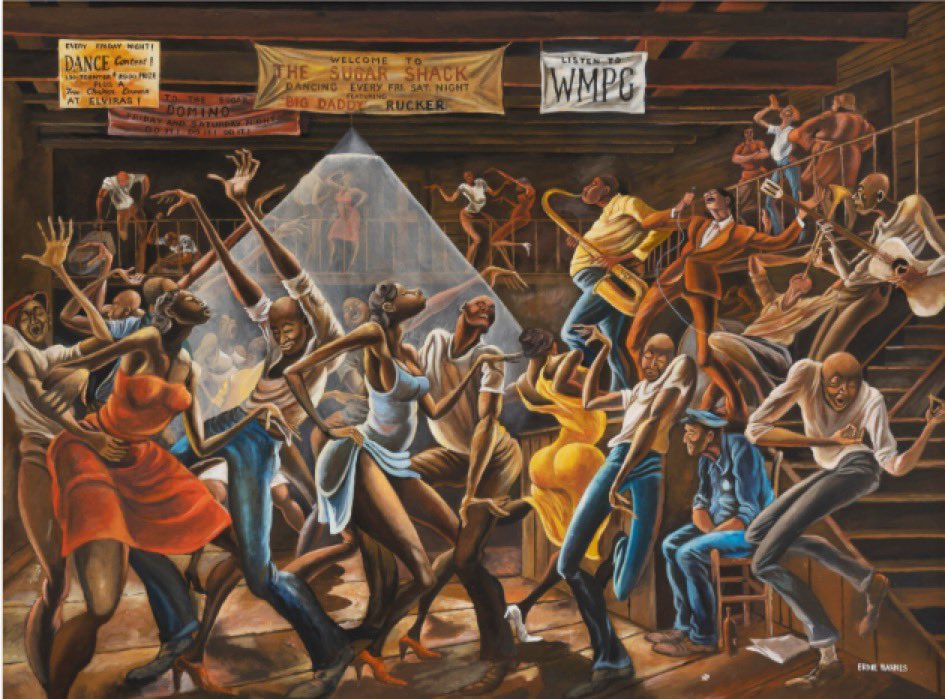 Lennon_Anthony's tweet image. Of all Ernie Barnes&apos; work, his painting &apos;The Sugar Shack&apos; is likely his best-known and most acclaimed. The painting brings together every aspect of his art style, with vibrant colors, stretched anatomy, and dynamic brushwork giving energy to a lively scene.
#ErnieBarnes