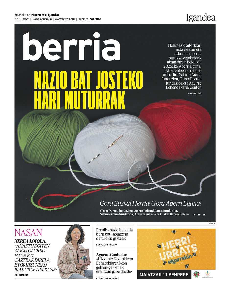 Apirilaren 20ko #lehena Aberri Eguna du hizpide erreportaje nagusiak: 'Nazio bat josteko hari muturrak' | Agurne Gaubekari elkarrizketa | 'Nasan' gehigarrian, Nerea Loiola idazlea

#BERRIAlagunek eskura duzue biharko egunkariaren PDFa, hemen 👇 
berria.eus/hemeroteka-ber…