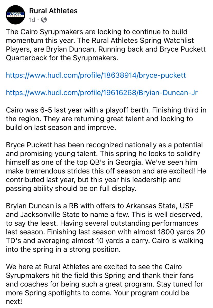 BrycePuckQB1's tweet image. Thank you @RuralGa for the write up! Ready to work! @Bryian_Duncan8 @Cairo_Football @QBHitList @SyrupmakerC @QB_CompleteLLC @RecruitGeorgia @GAVarsityRivals @PrepRedzone @Rivals
