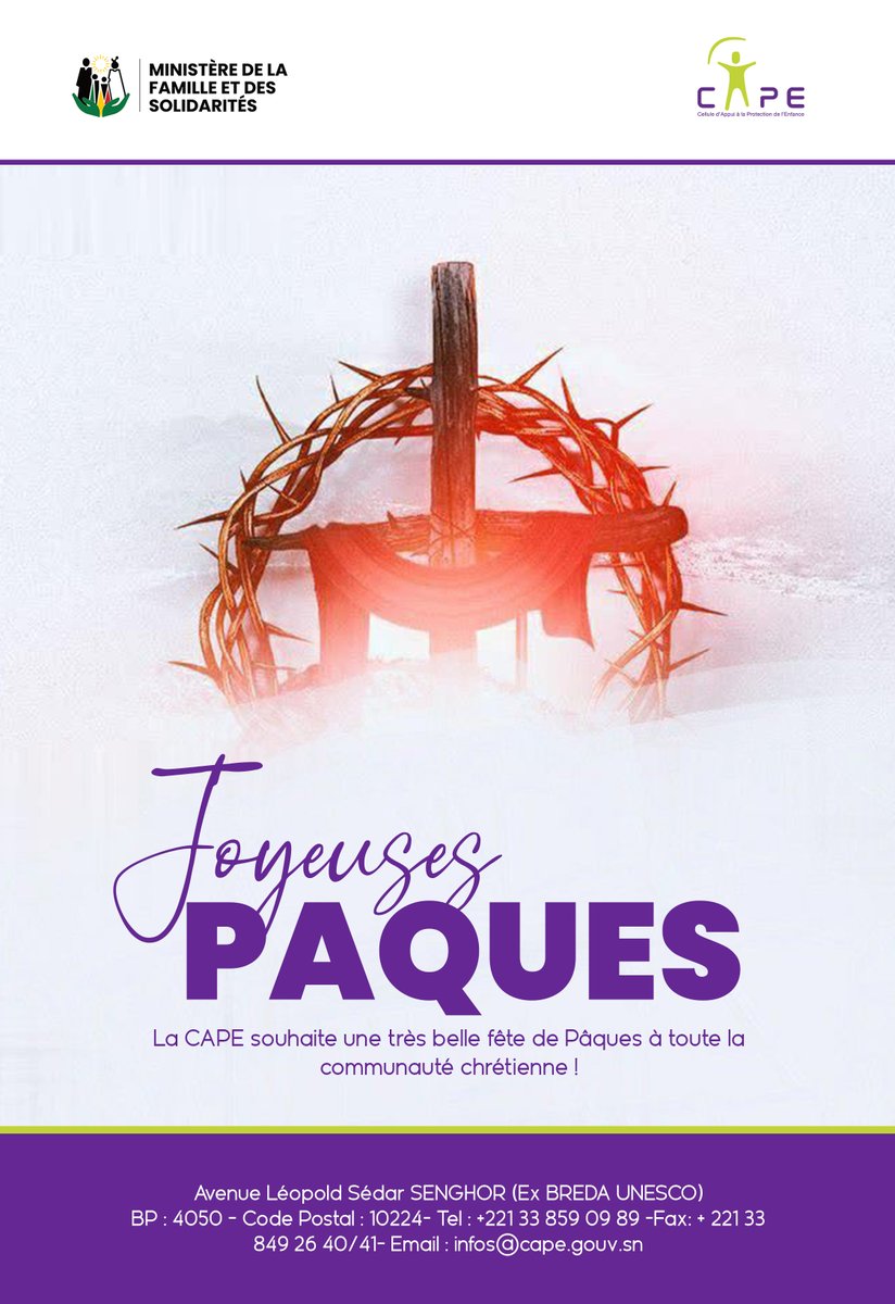 Joyeuses Pâques !
En cette période de renouveau et d’espoir, la CAPE souhaite une très belle fête de Pâques à toute la communauté chrétienne !
#JoyeusesPâques #Pâques2025 #CapeSénégal