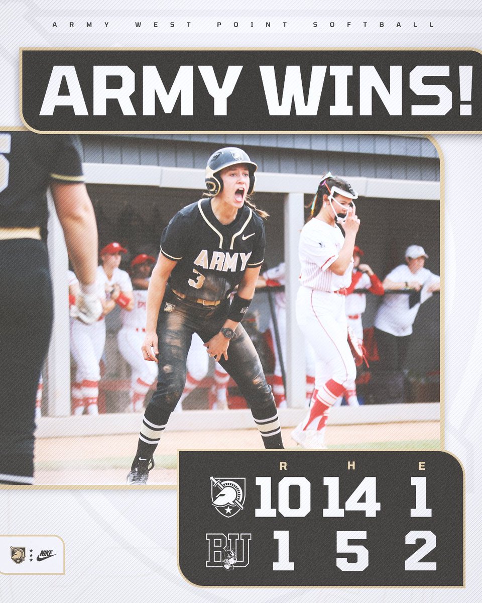 ArmyWP_Softball's tweet photo. ‼️𝑨𝑹𝑴𝒀 𝑾𝑰𝑵𝑺‼️

The Black Knights earn their first win over Boston U since 2021, run-ruling the Terriers featuring a 𝑭𝑰𝑽𝑬 run fifth inning to force a rubber match game on Sunday‼️

#GoArmy https://t.co/YN6FYwcvmd