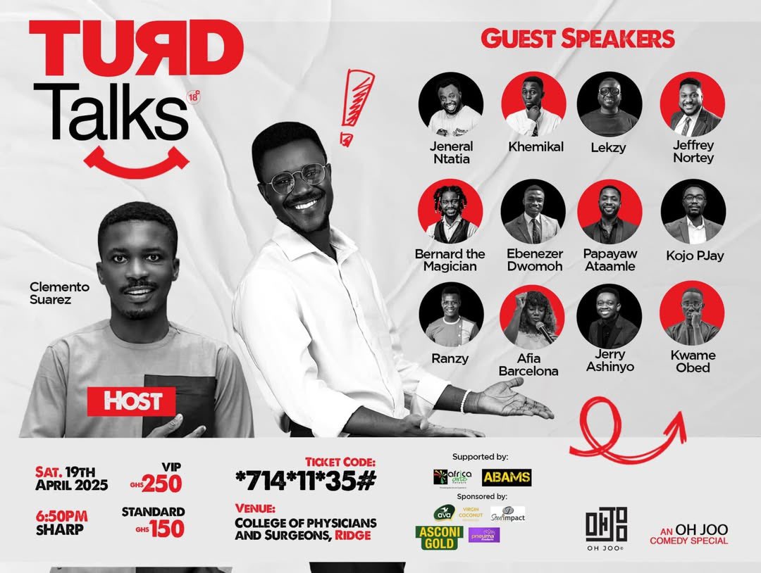 Peace1043fm's tweet photo. Comedian OHJOO Is Shaking Up The Stand-Up Scene With His Daring Show, #TurdTalks, Happening Tonight, At The College Of Physicians And Surgeons, Accra! This Isn’t Just Comedy, It’s A Full-Blown Movement. Grab Your Tickets And Let’s Link Up!
#Peacefm https://t.co/POj36cF3SD