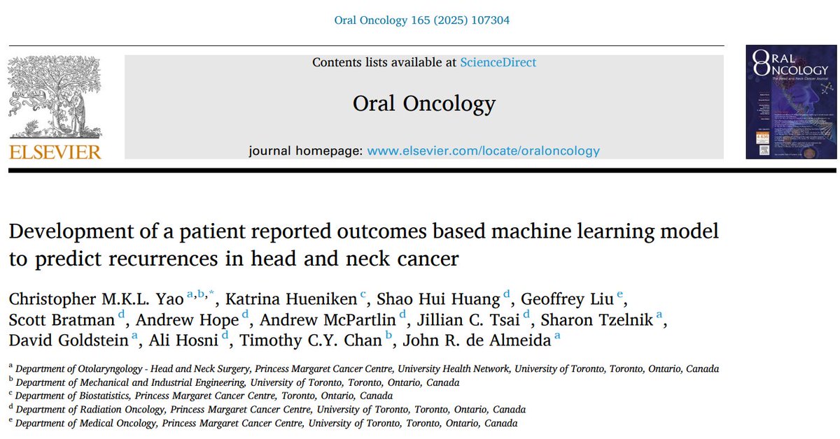 C. Jillian Tsai, MD, PhD (@cjtsaimdphd) on Twitter photo <a href="/YaoCMKL/">Christopher MKL Yao, MD. FRCSC</a> <a href="/DrJohndeAlmeida/">John De Almeida</a> showed that
💠Post-tx PRO can predict HNC Recurrence.
💠ML models using MDASI > general PRO for recurrences.
Development of a patient reported outcomes based machine learning mode... sciencedirect.com/science/articl…
<a href="/UHN_Otohns/">UHN Otolaryngology Head & Neck Surgery</a> <a href="/pmcancercentre/">Princess Margaret Cancer Centre</a> <a href="/Dr_AliHosni/">Ali Hosni</a> <a href="/YaoCMKL/">Christopher MKL Yao, MD. FRCSC</a> <a href="/DrJohndeAlmeida/">John De Almeida</a> showed that
💠Post-tx PRO can predict HNC Recurrence.
💠ML models using MDASI > general PRO for recurrences.
Development of a patient reported outcomes based machine learning mode... sciencedirect.com/science/articl…
<a href="/UHN_Otohns/">UHN Otolaryngology Head & Neck Surgery</a> <a href="/pmcancercentre/">Princess Margaret Cancer Centre</a> <a href="/Dr_AliHosni/">Ali Hosni</a>