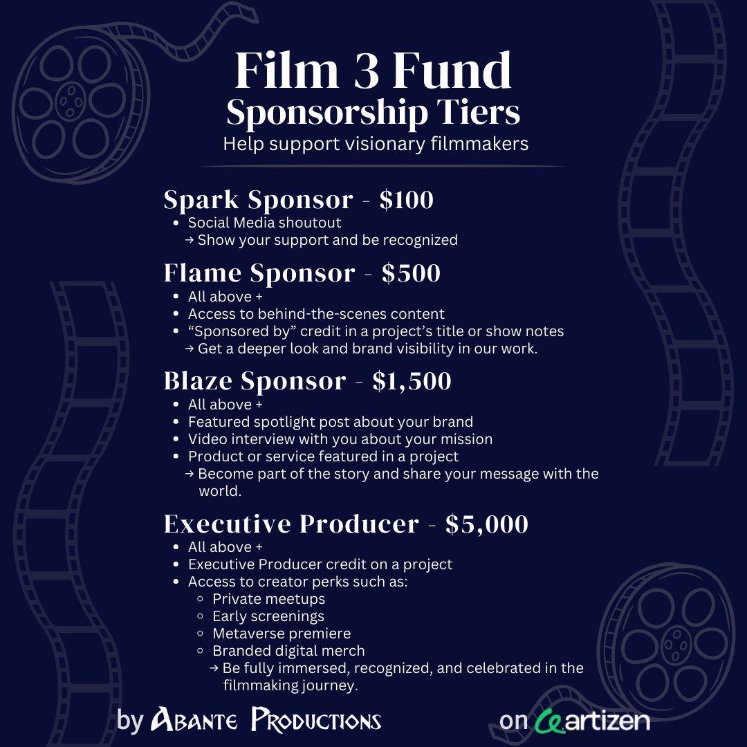 Sponsor our #Film3 Fund and help Indie Filmmakers tell their stories and receive ✨rewards ✨

<a href="/ArtizenFund/">Artizen</a> will match funding up to $10,000 to help support the future of story-telling 

artizen.fund/index/mf/film3…