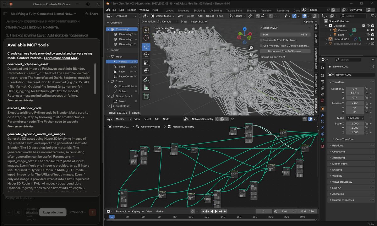 digit_at's tweet photo. I managed to teach Claude Sonet 3.7 to independently add new layers to 3d fully connected neural network model directly in the Blender window using the MCP server. Thank you  @someidesign for Blender MCP integration. @Blender #MCP  #Anthropic https://t.co/Zzpr5BYw2d