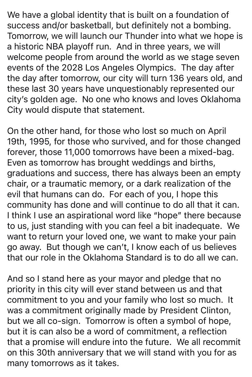 davidfholt's tweet photo. Today is the 30th anniversary of the Bombing that occurred on April 19, 1995. Below &amp; in the next post are the remarks I delivered at today’s @OKCNM remembrance ceremony, held in First Church &amp; attended by @BillClinton and over a thousand attendees. (1/2)

📸 = @NickOxfordPhoto https://t.co/erA16c5N8Y