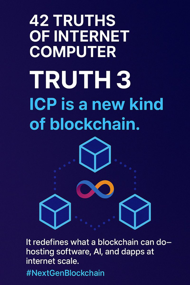 iPhelipeVR's tweet image. 42 Truths of #InternetComputer

3. #ICP is a new kind of blockchain.
It redefines what a blockchain can do—hosting software, AI, and dapps at internet scale.

#NextGenBlockchain
