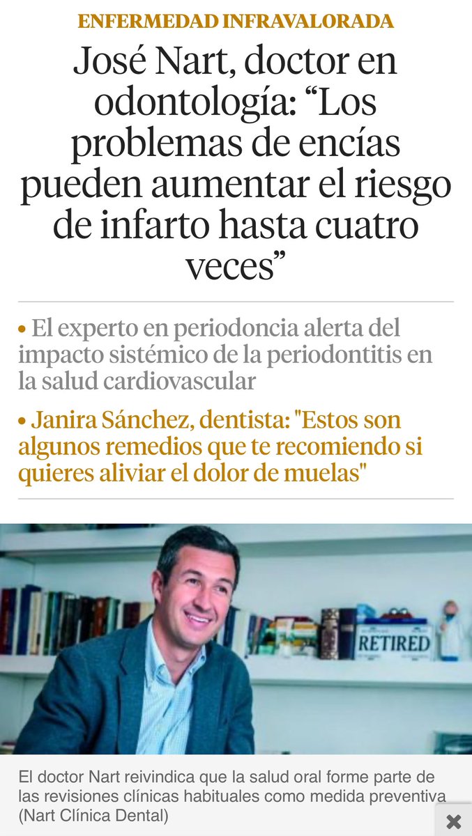 Agradezco a <a href="/elpais_espana/">EL PAÍS España</a> y <a href="/LaVanguardia/">La Vanguardia</a> la difusión acerca de la Periodontitis y Periimplantitis, sus efectos en la pérdida de dientes e implantes dentales, y las consecuencias sistémicas por la cronicidad en la INFLAMACIÓN de las ENCÍAS <a href="/SEPAperiodoncia/">SEPA</a> <a href="/PerioEurope/">EFP</a>