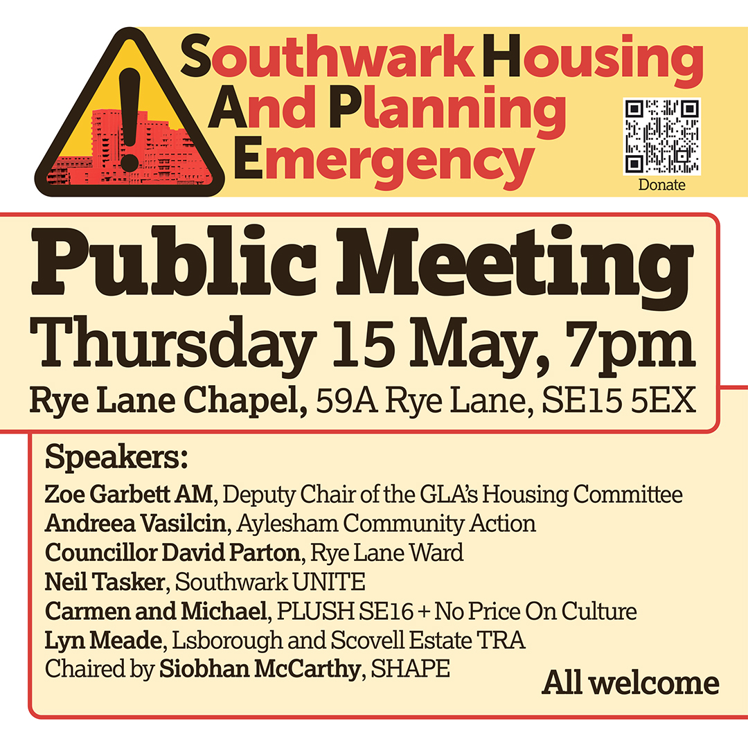 Thursday 15 May 7pm - date for your diary. 
Come and join in the discussions about actions to solve the affordable housing and planning emergency.
<a href="/ShapeCoalition1/">SHAPE Coalition (Southwark)💚</a> <a href="/ACAPeckham/">Aylesham Community Action</a> <a href="/PeckhamHeritage/">Peckham Heritage</a> <a href="/Miatsf/">Miatta Fahnbulleh</a> <a href="/DavidParton_/">Cllr David Parton</a>
