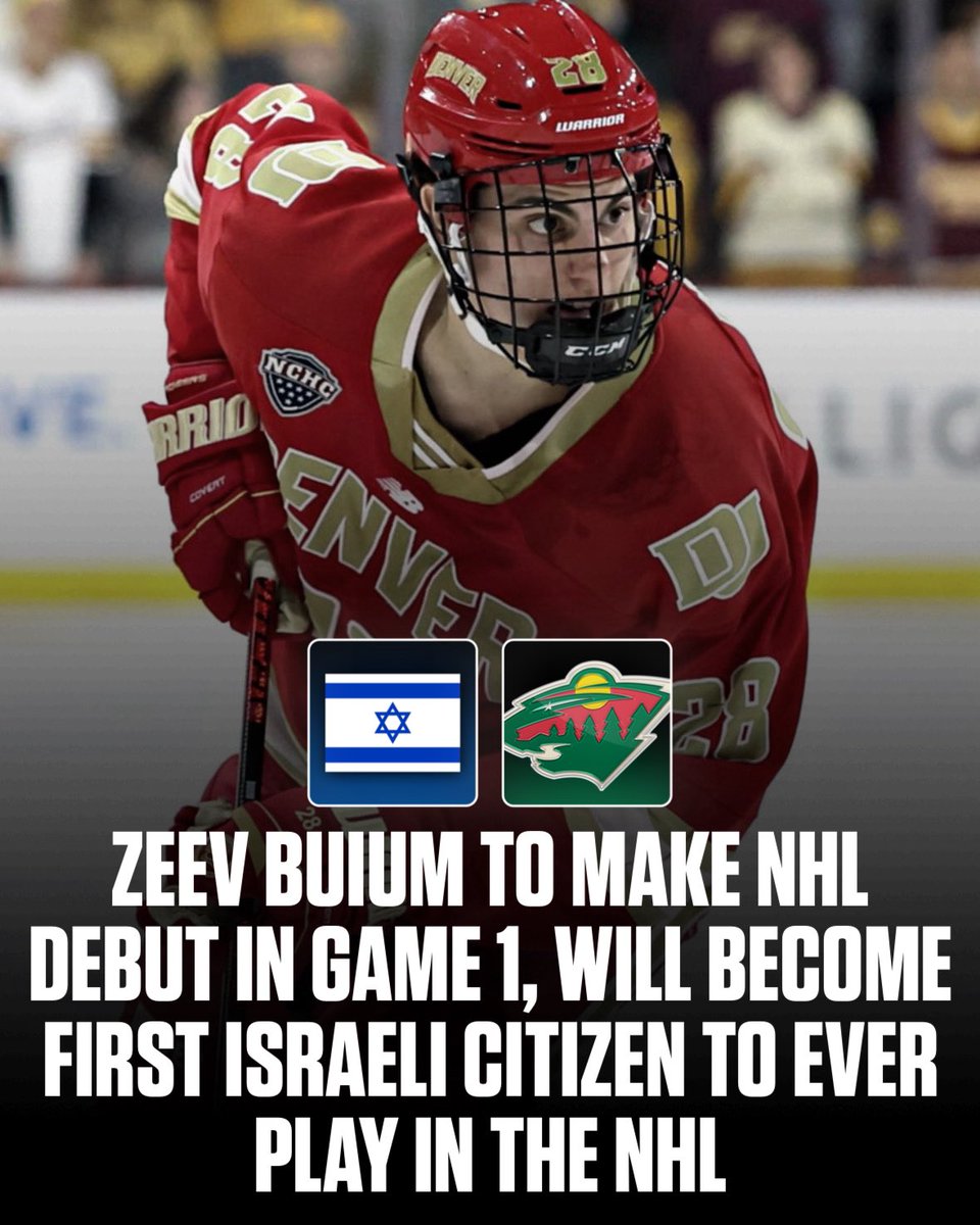 puckempire's tweet photo. Zeev Buium will make his NHL debut in Game 1 for the Wild — making him the first Israeli citizen to ever play in the NHL 🇮🇱

While Buium was born and raised in the United States and represents the USA in international competition, both of his parents were born and raised in Israel, giving him dual citizenship. So while he won't be the first-ever Israeli developed NHLer, he'll be the first Israeli NHLer.

He was drafted 12th-overall by Minnesota in the 2024 NHL Entry Draft.