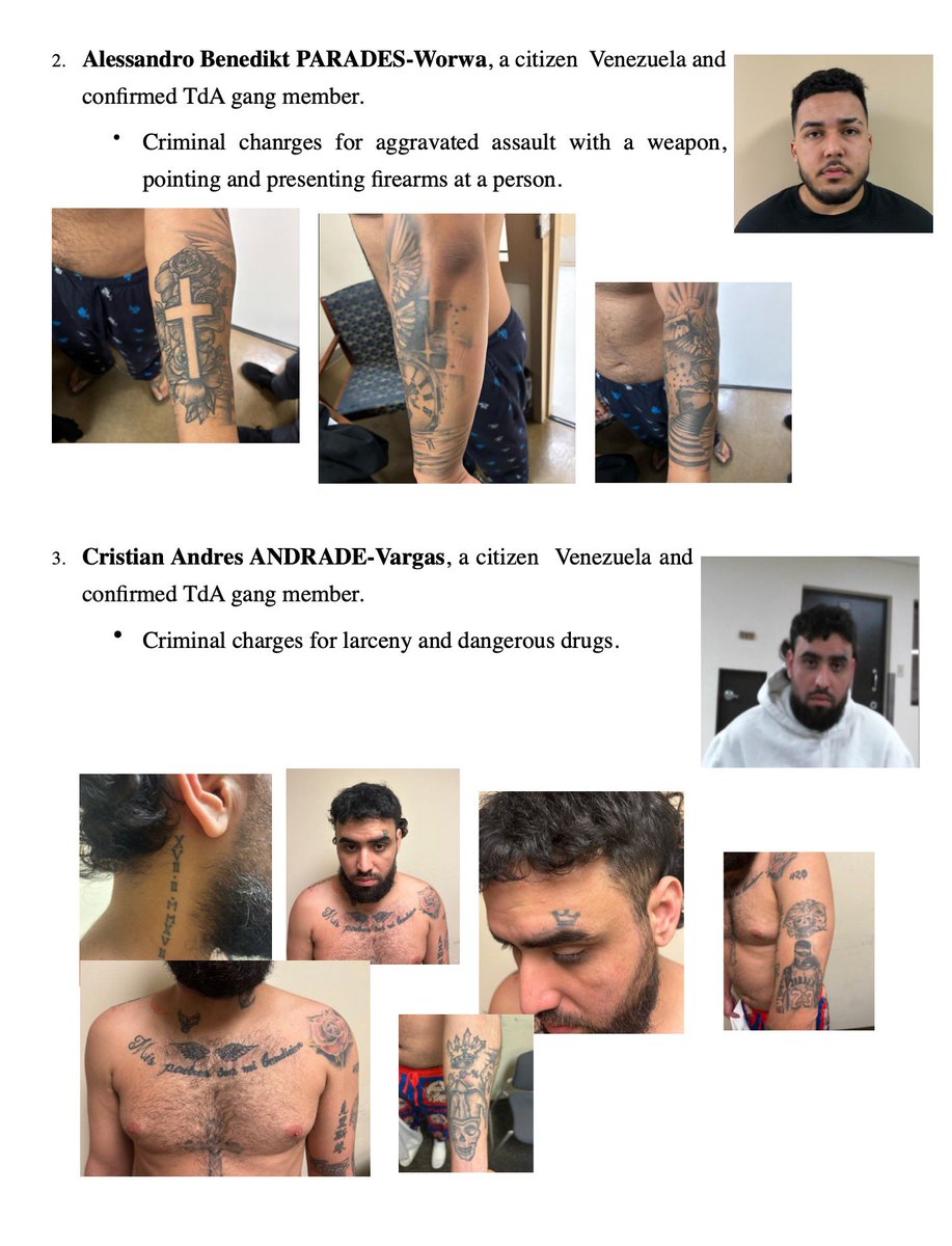 BillMelugin_'s tweet photo. NEW: Per a senior Trump admin official, these are some of the suspected Venezuelan Tren de Aragua gang members detained in Texas that the admin was planning to deport before SCOTUS stepped in and blocked it last night. All have significant criminal convictions or charges. https://t.co/qdrdpAQvEJ