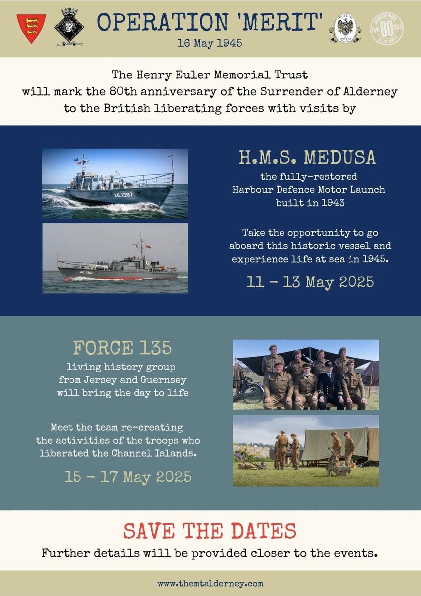AlexSnowdon5's tweet photo. The Henry Euler Memorial Trust - Alderney
Welcoming H.M.S. Medusa and the Force 135 living history group to share in the commemoration of the 80th anniversary of Alderney's liberation from German occupation on 16th May 1945.
#ve80 #operationmerit #alderney surrender ⬇️ https://t.co/08D8NoS1Ct