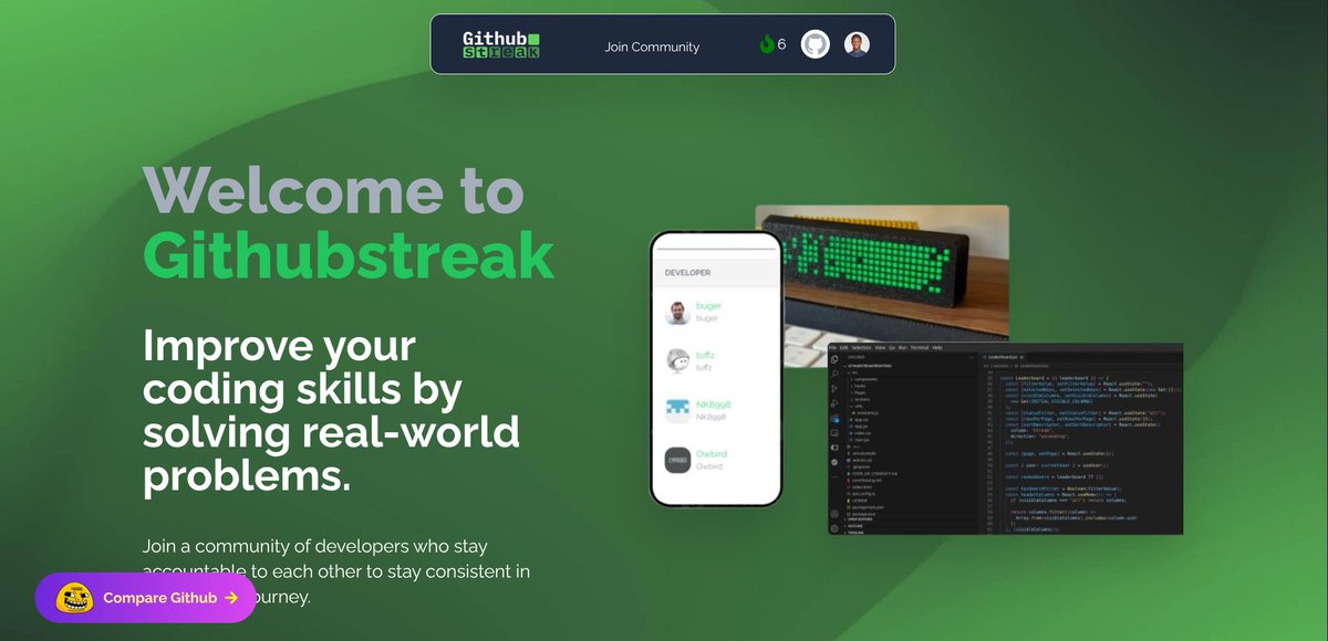 githubstreak's tweet photo. It's Saturday and we pushed a new feature.

- The hero section of the website has been updated.
- We currently have 36 users.

What did you work on today? https://t.co/ZQpP6z97xZ