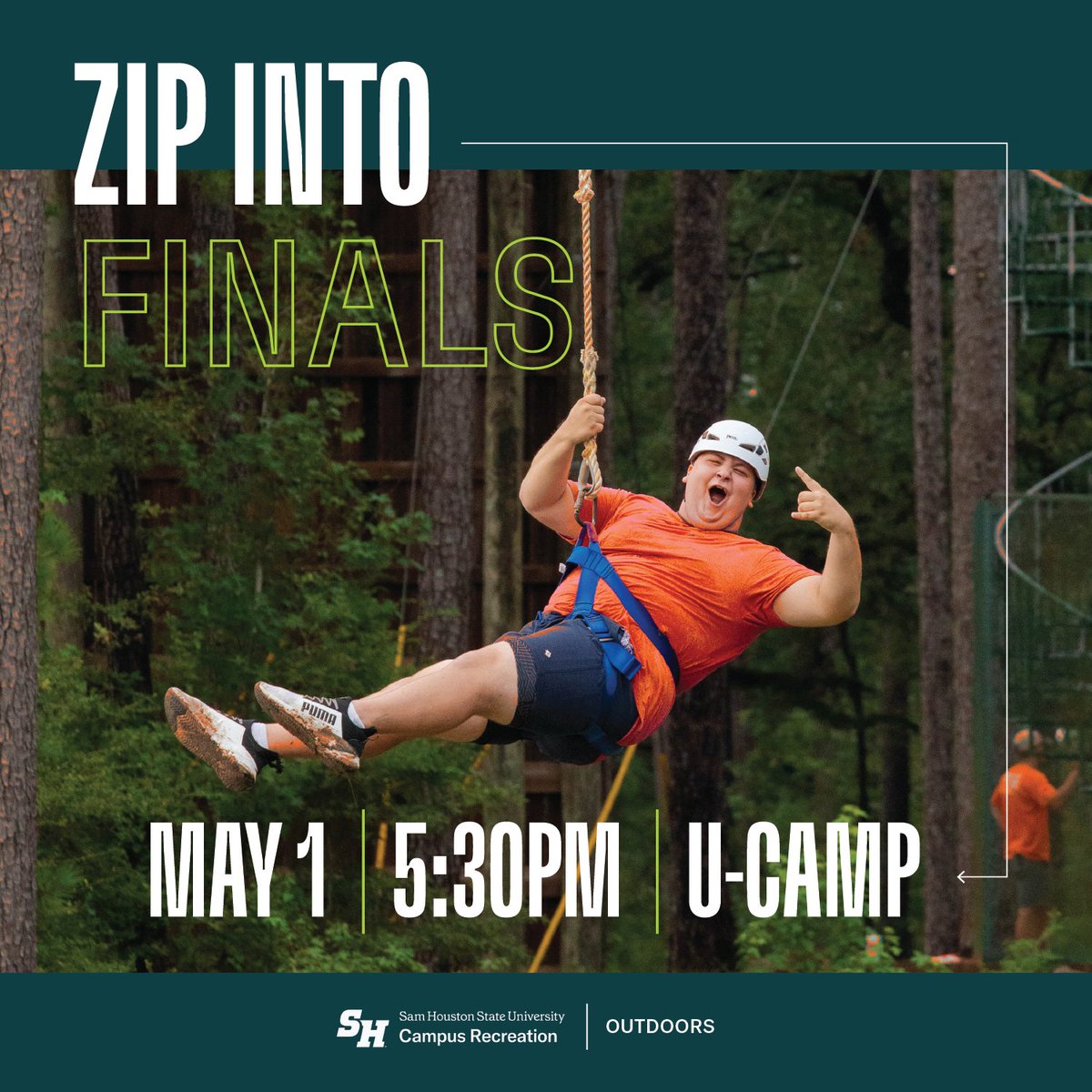 Zip away pre-finals stress with ziplining at University Camp! 🏕️ 🤟 
💰 $15/student | register now on RSConnect and soar into finals! 📚✨

 #YouBelongattheRec #UniversityCamp #FinalsReady #ZipIntoSuccess