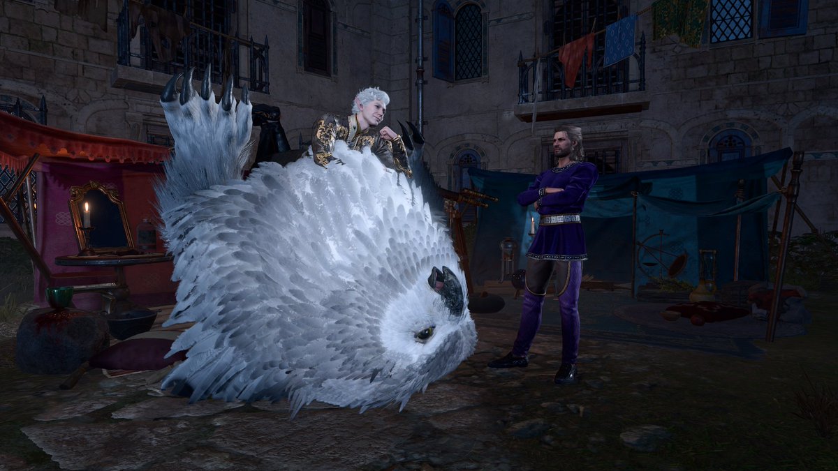 Gale is not pleased with Astarion and his druid girlfriend's sleeping arrangements (or he's just jealous he doesn't have a cuddly owl bear)