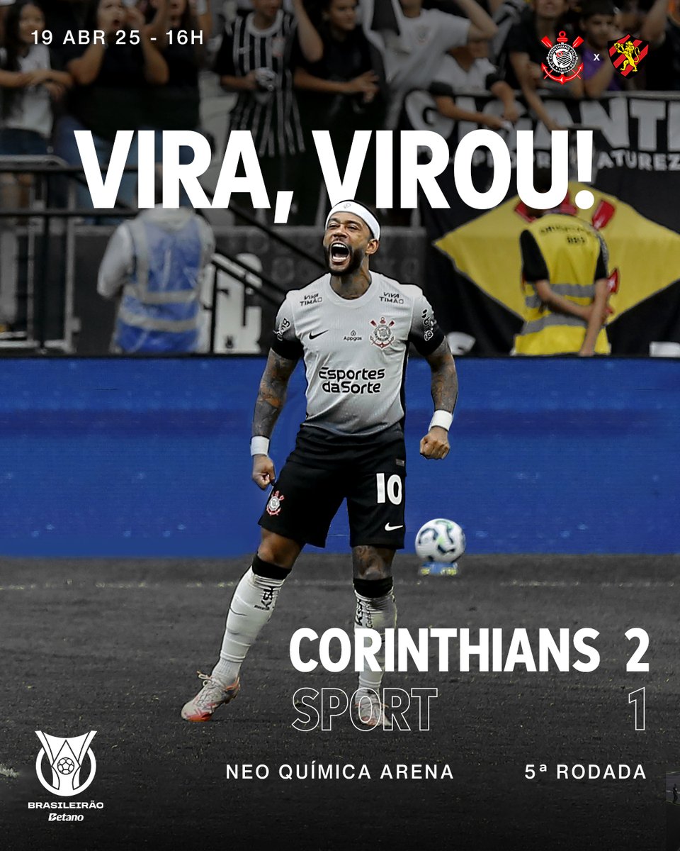 Corinthians's tweet photo. FIIIIIIIIIIIIIMMM DE JOGOOOOO!! 

De virada, o Timão bateu o Sport pelo Brasileirão! 🏴🏳️

Corinthians 2 🆚 1 Sport

⚽⚽️ Memphis 

#SCCPxSPO
#VaiCorinthians https://t.co/TYVDB8Y6tJ