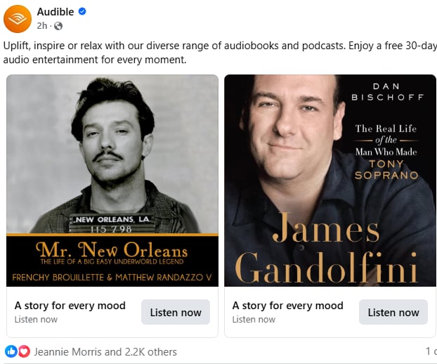 Audible decided to launch ads featuring my audiobook for Mr. New Orleans next to James Gandolfini, the greatest actor of the 21st century. 

This audiobook got me nominated against Malcolm X for the 2021 Audie literary award, and now it has put me with Saint Jimmy of Park Ridge.