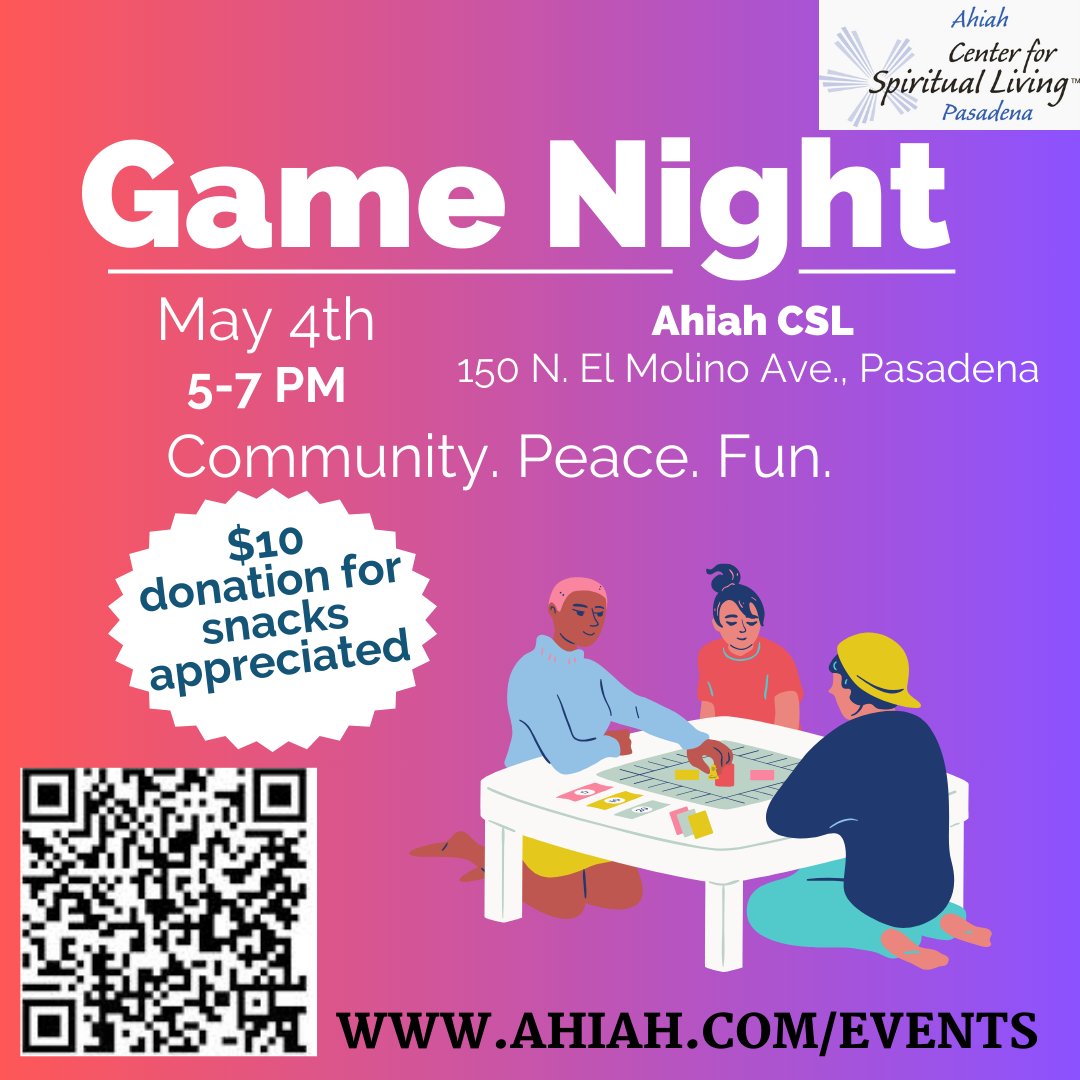 AHIAHCSL's tweet photo. Take a load off and engage in some play at Ahiah CSL!

#ahiah #CSL #ahiahpasadena #invitation #newthought #gamenight⁠ #spiritualcommunity #spirtualliving #spiritualcenter #games #peace⁠ #resurrection
⁠ https://t.co/X6Axm7fpWI